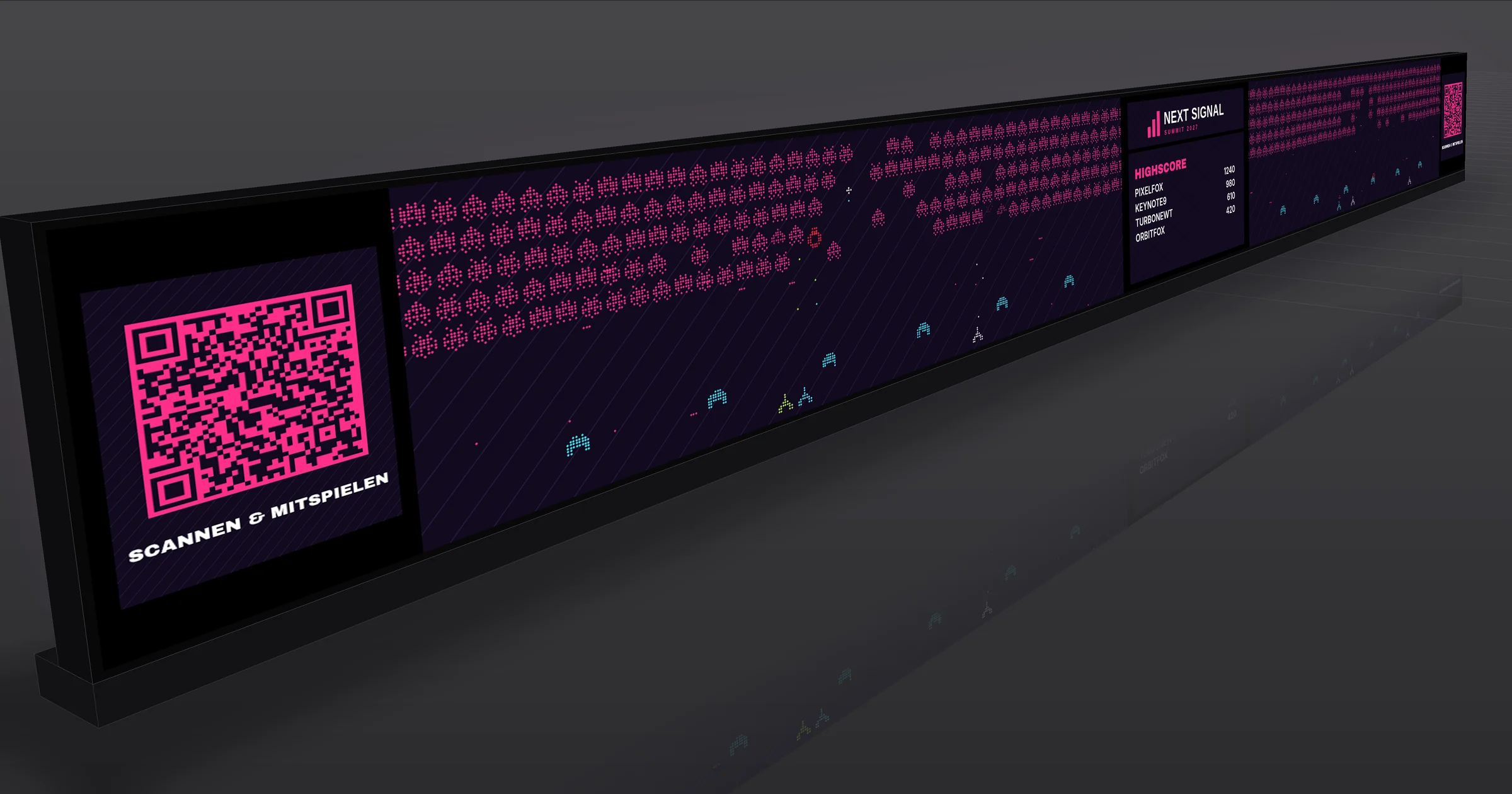 Konferenz: LED-Bande mit zwei Spielfeldern nebeneinander, je eigener QR-Code, in der Mitte Logo und Highscore – im Design einer fiktiven Konferenz („Next Signal Summit“)