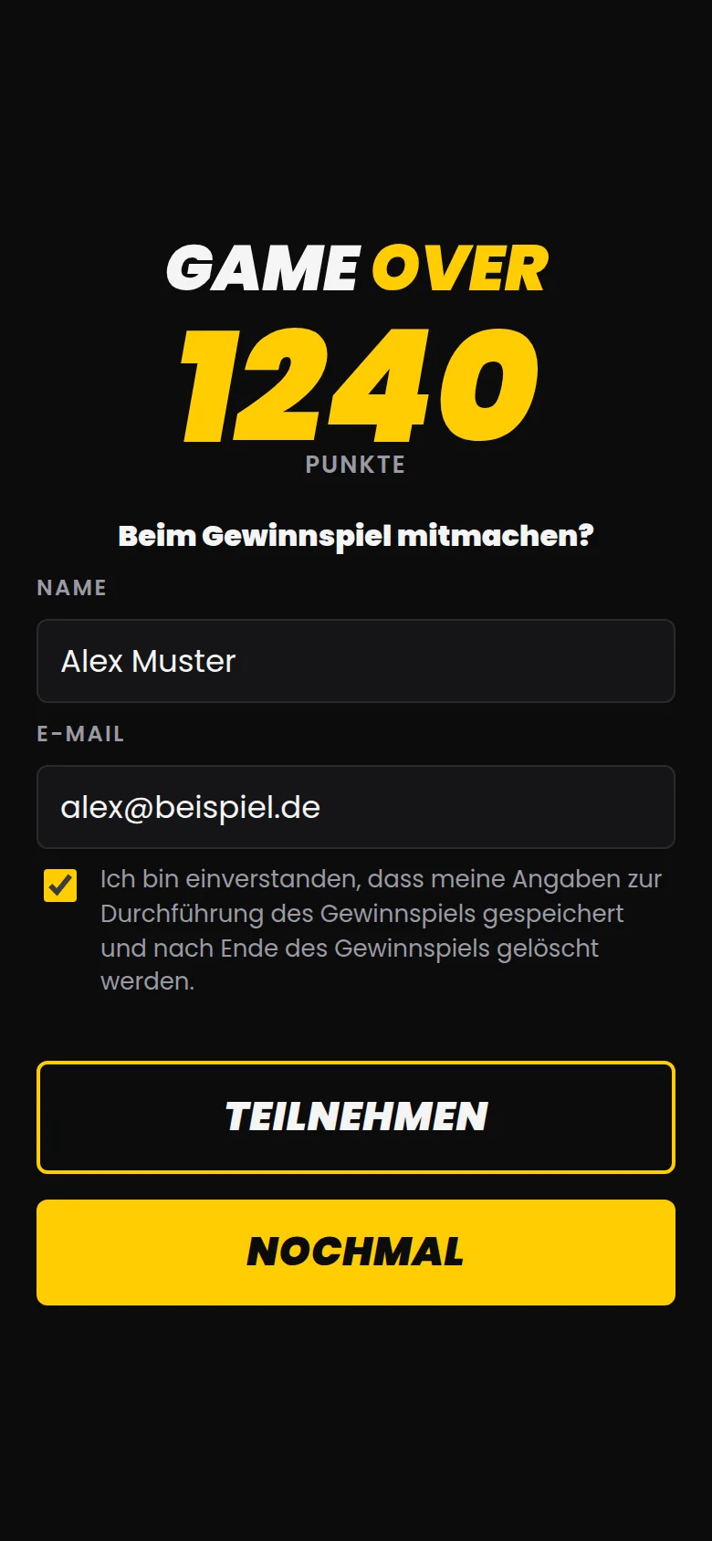 Controller nach dem Spiel: Formular für Name und E-Mail mit Einwilligung